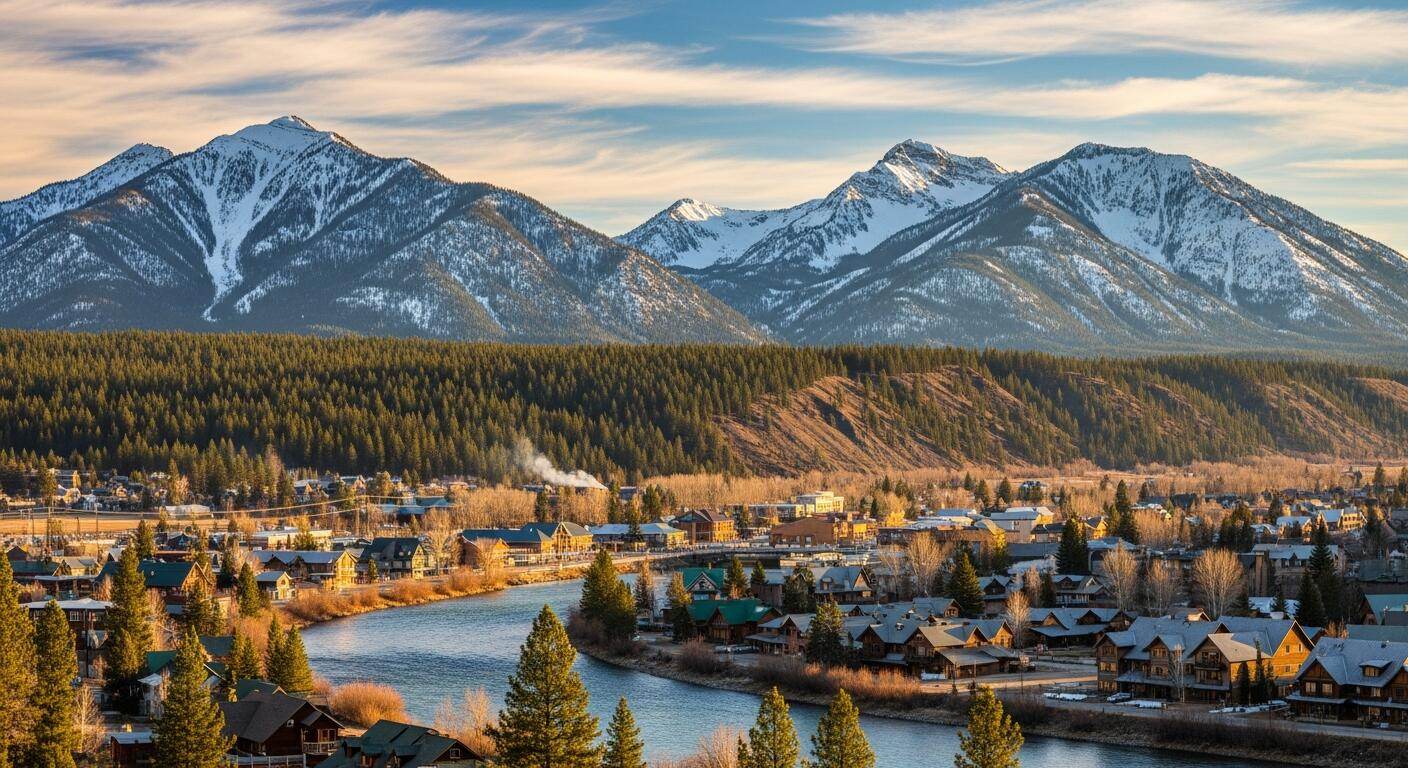 Late-afternoon view over Whitefish, Montana, with timber homes along the river, forested ridges, and snow-dusted peaks behind