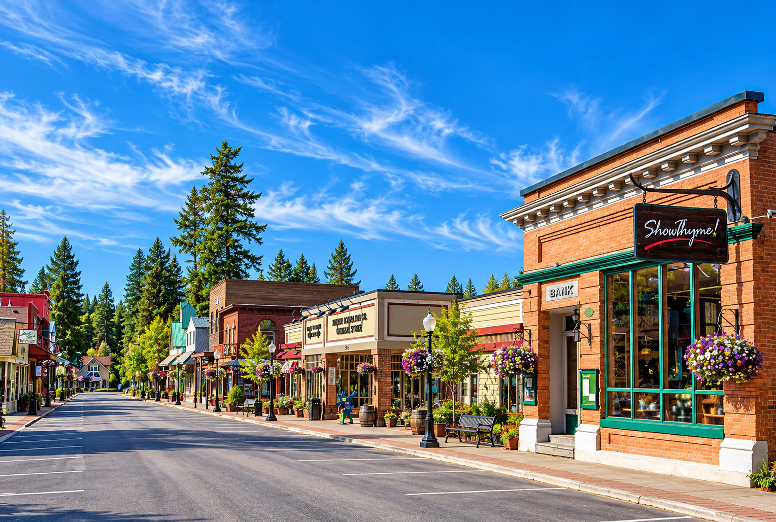 Sunlit Main Street in Bigfork, Montana, with historic brick storefronts, hanging flower baskets, and tall evergreens behind