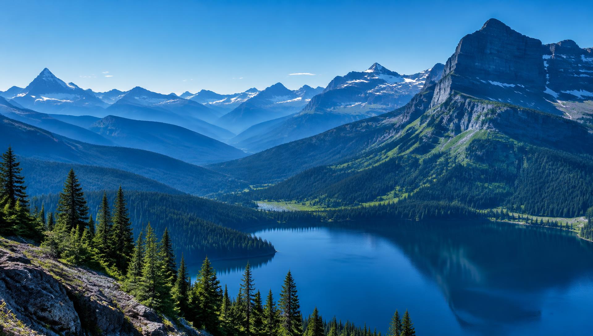 Glacier National Park mountains above an alpine lake in Northwest Montana